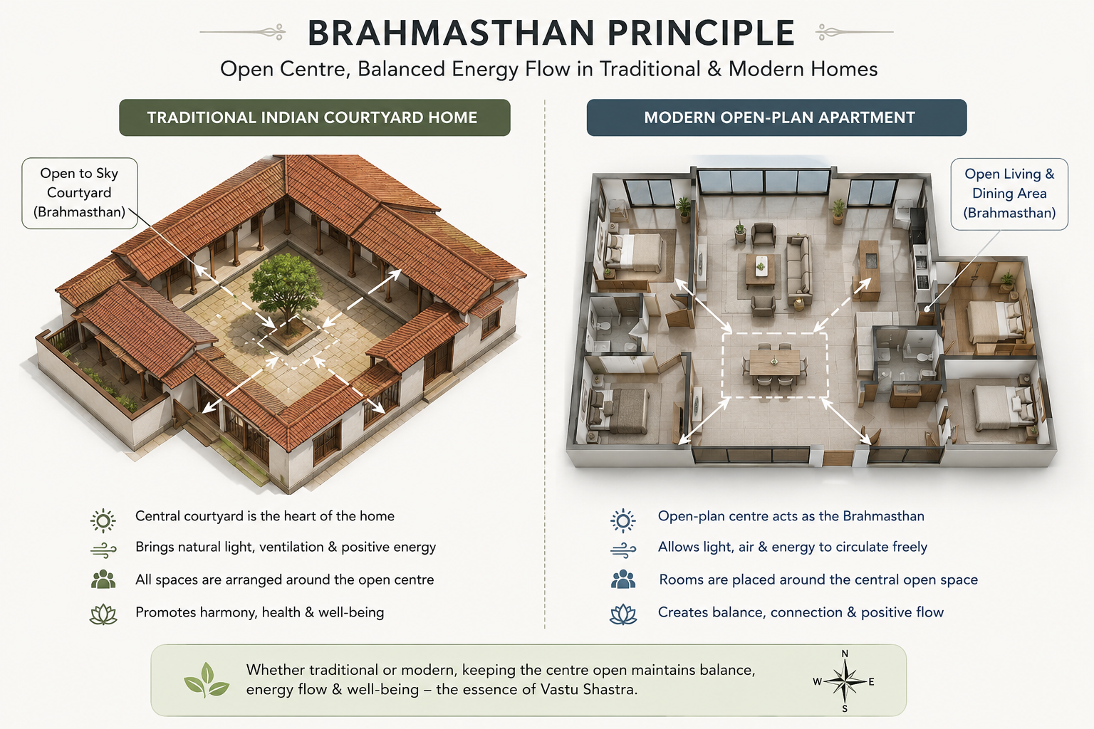 Brahmasthan principle in traditional Indian courtyard home and modern open plan layout — Vastu and modern architecture comparison