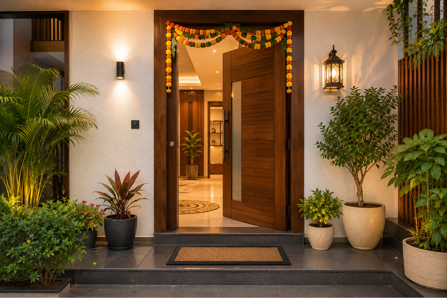 Grand wooden main door with Vastu-compliant design features — toran, nameplate, inward opening — Studio Rivet Gurgaon