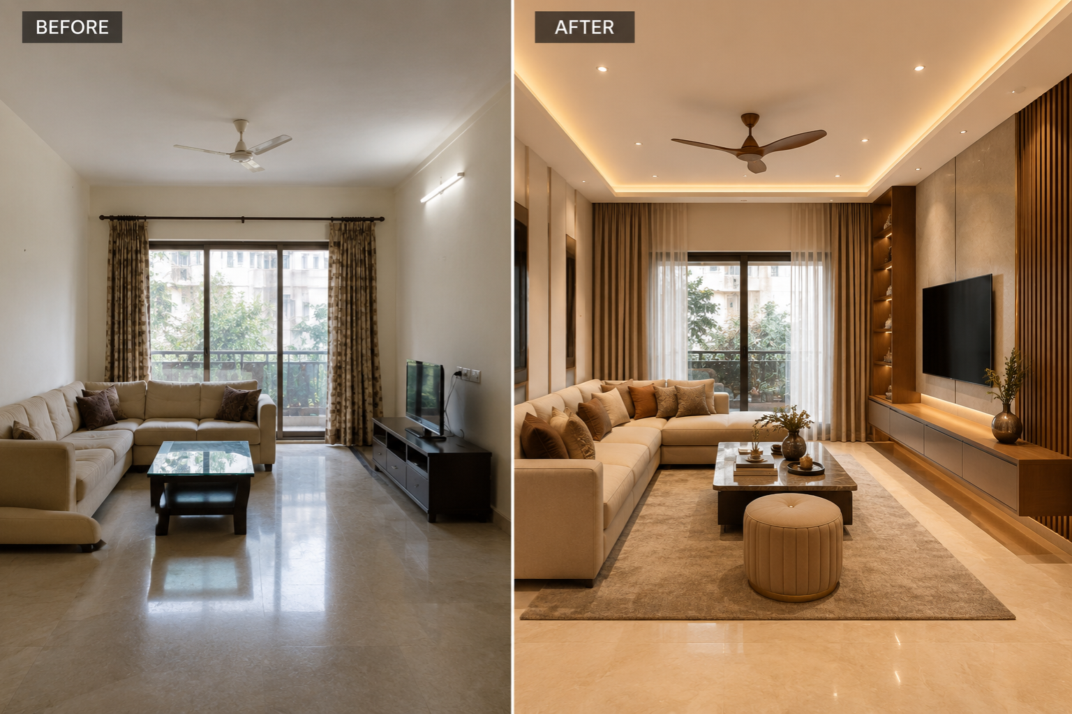 Living room before and after makeover