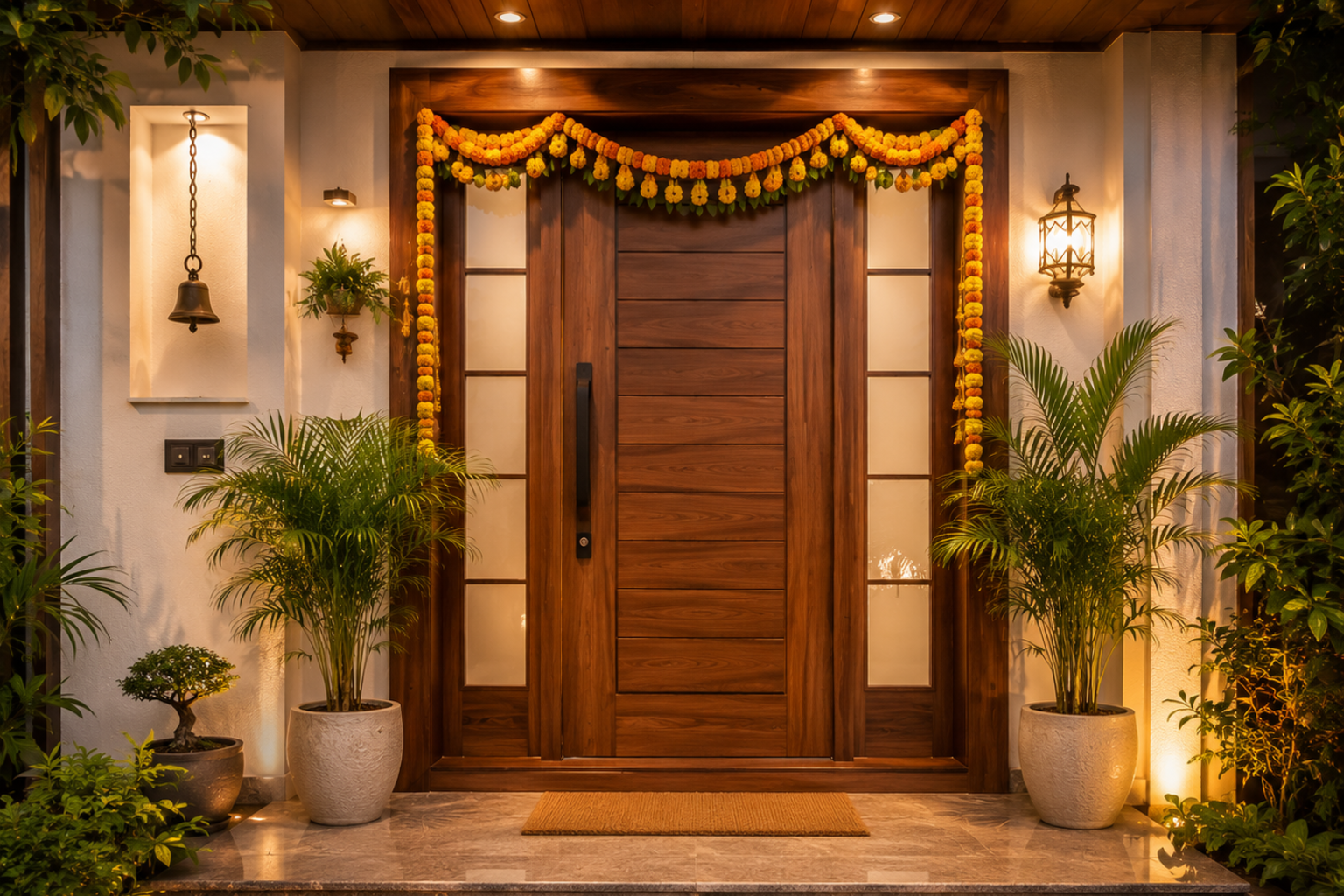 Vastu-compliant home entrance with wooden main door, toran, and nameplate — Studio Rivet interior design Gurgaon