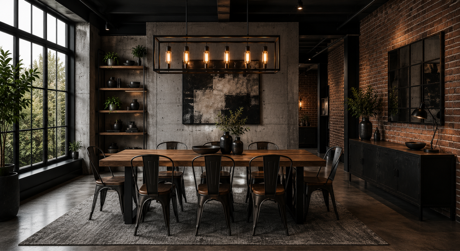 High-Contrast Industrial Loft Dining Room Design