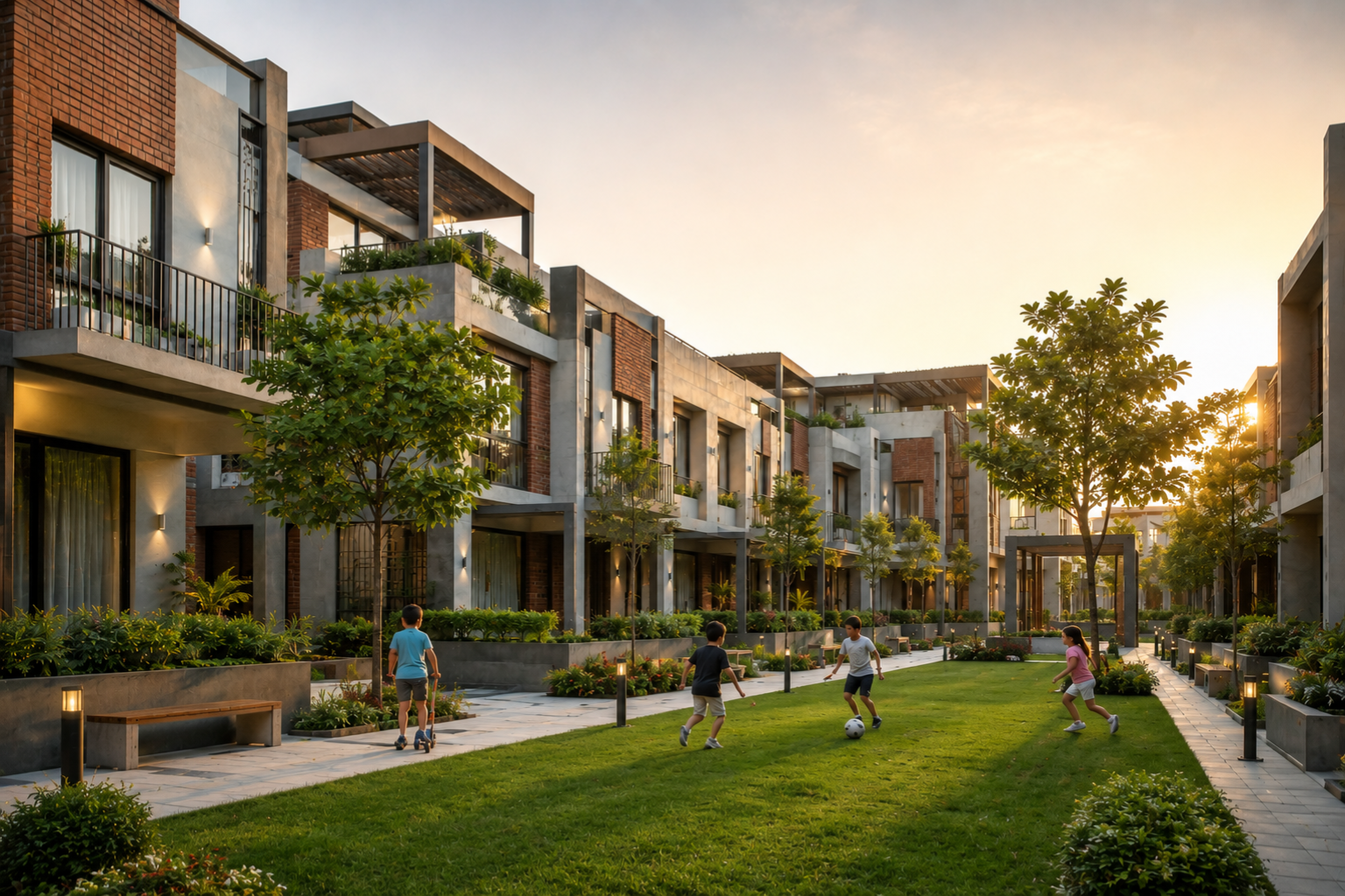 High-Rise vs Low-Rise Housing in India: Which One Is Right for You? Low-rise residential architecture in Gurgaon, India, community garden and family-friendly design by Studio Rivet