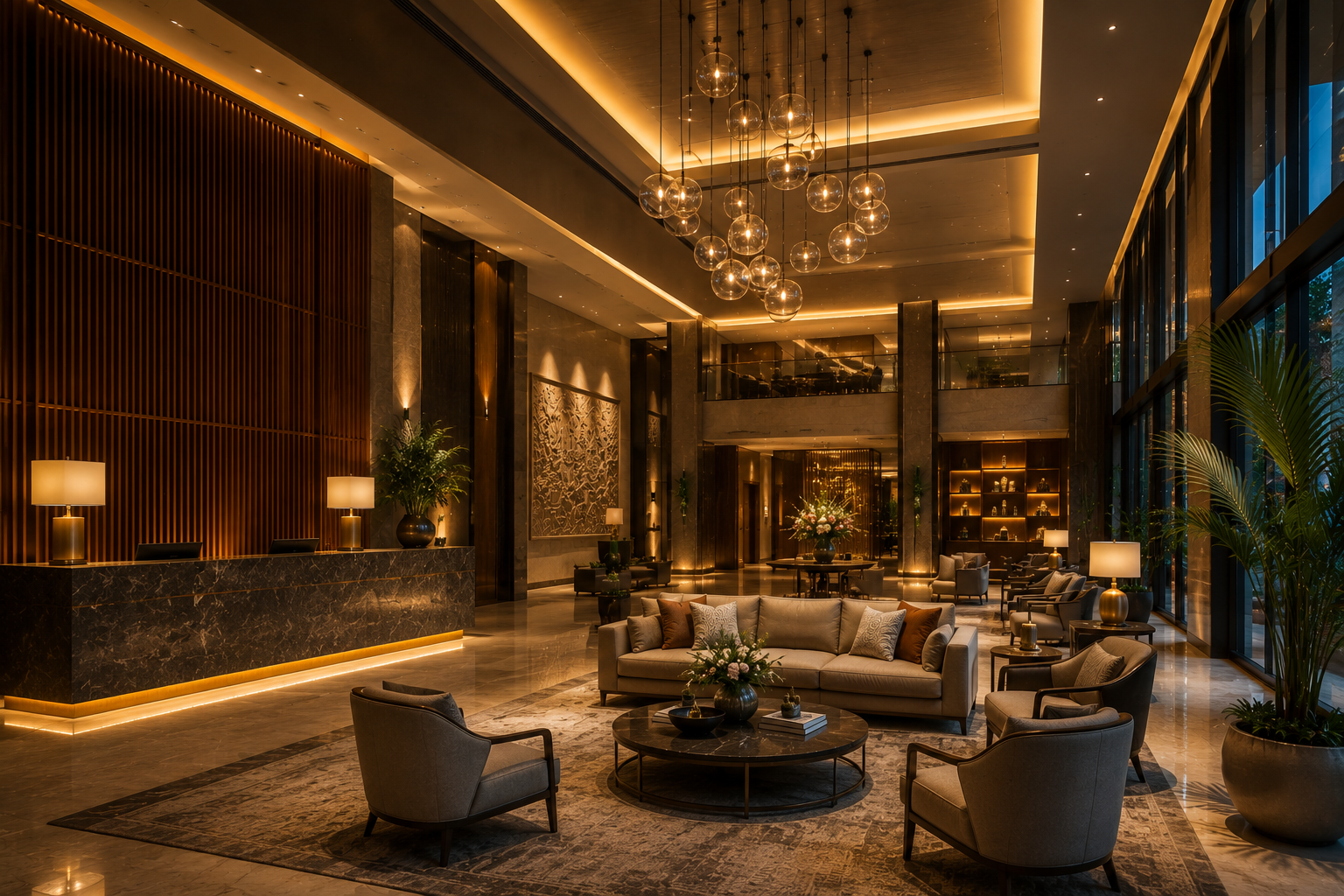 Hotel Lobby Design in India: Creating Powerful First Impressions Luxurious hotel lobby with ambient lighting