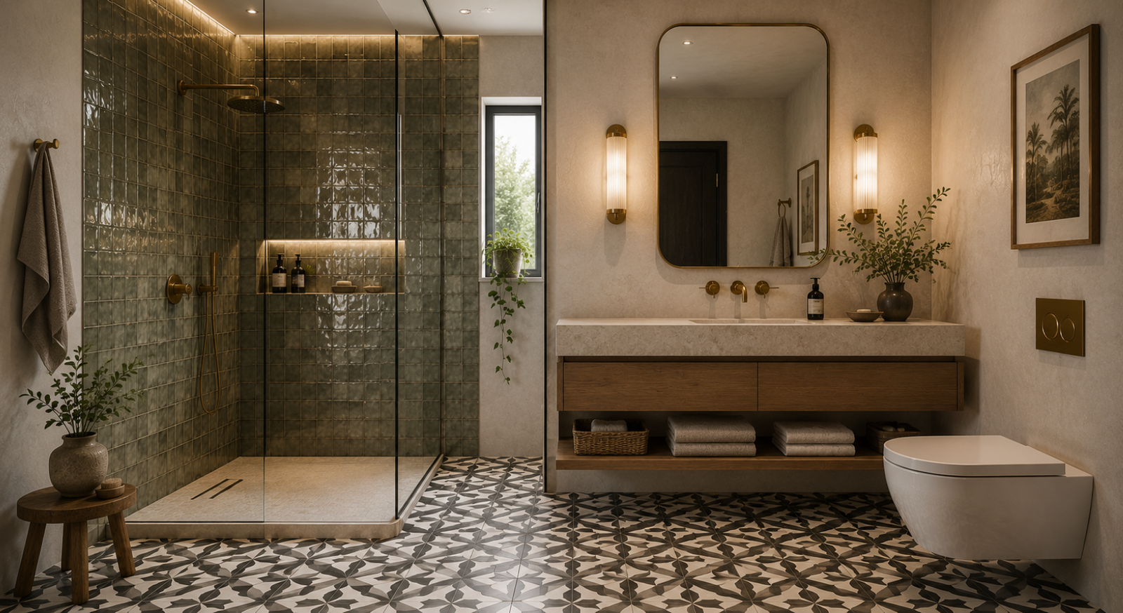 Statement Floor Tiles and Zellige Walls Bathroom Design