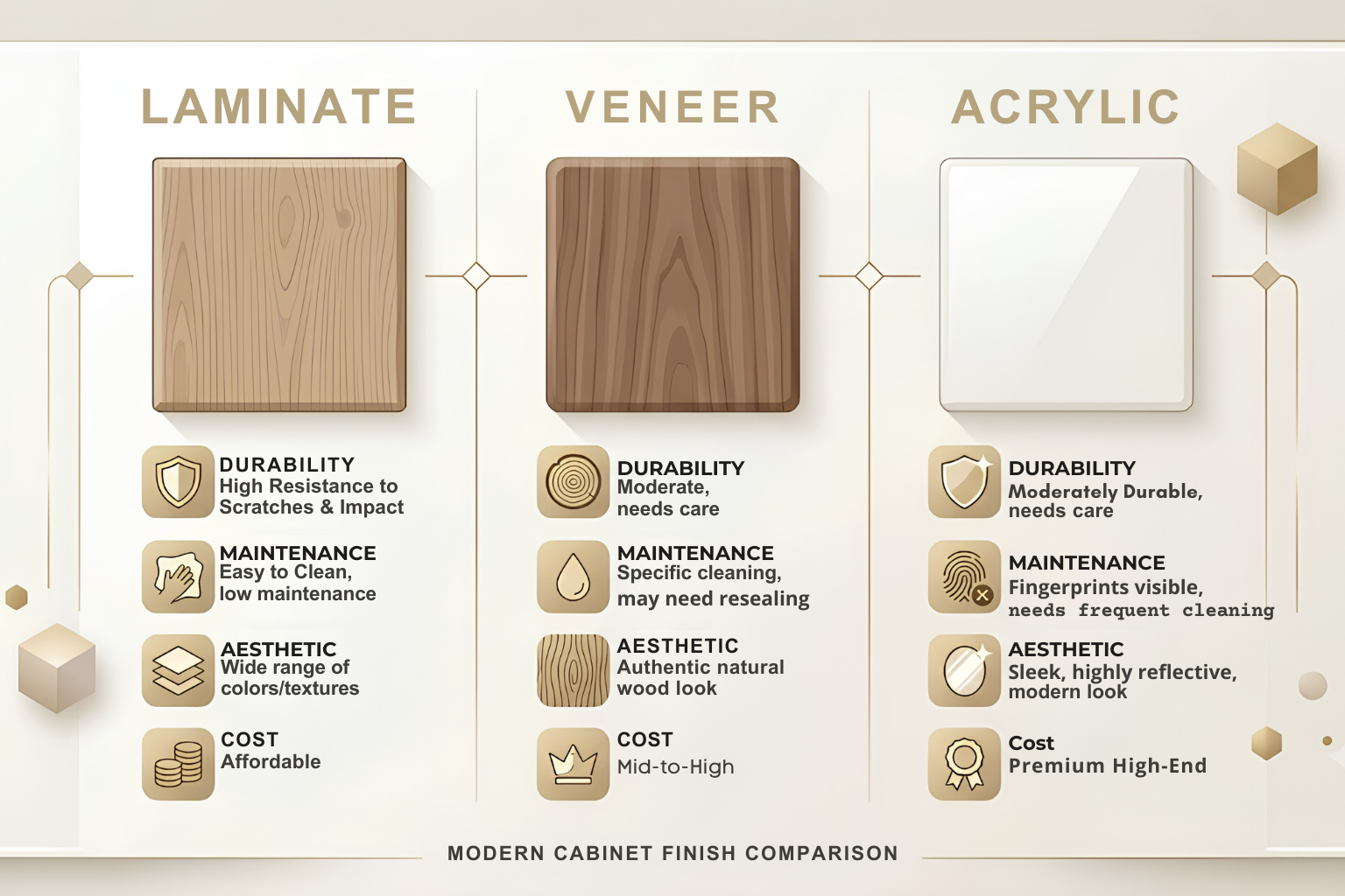 Laminate vs veneer vs acrylic comparison chart for cabinets