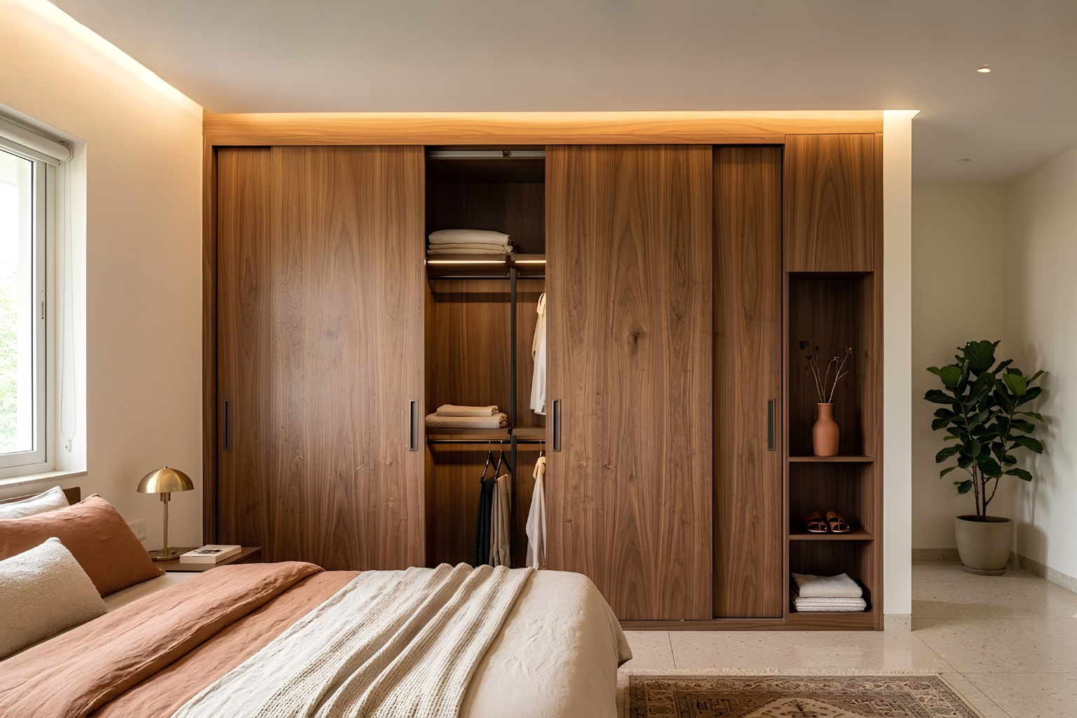 Natural wood veneer wardrobe in a modern Indian bedroom