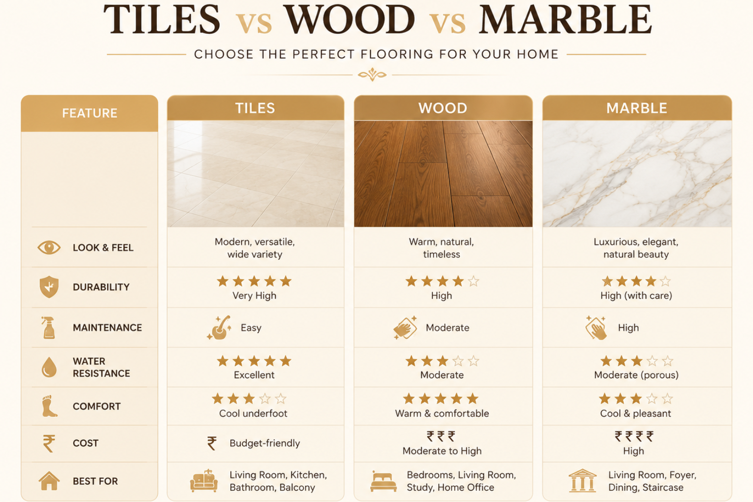 Best Flooring for Indian Homes: Tiles vs Wood vs Marble image