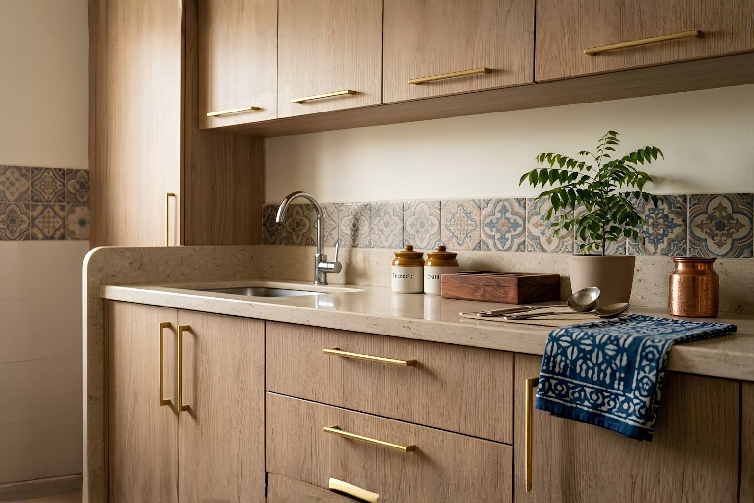 Wood-grain laminate finish kitchen cabinets in an Indian home