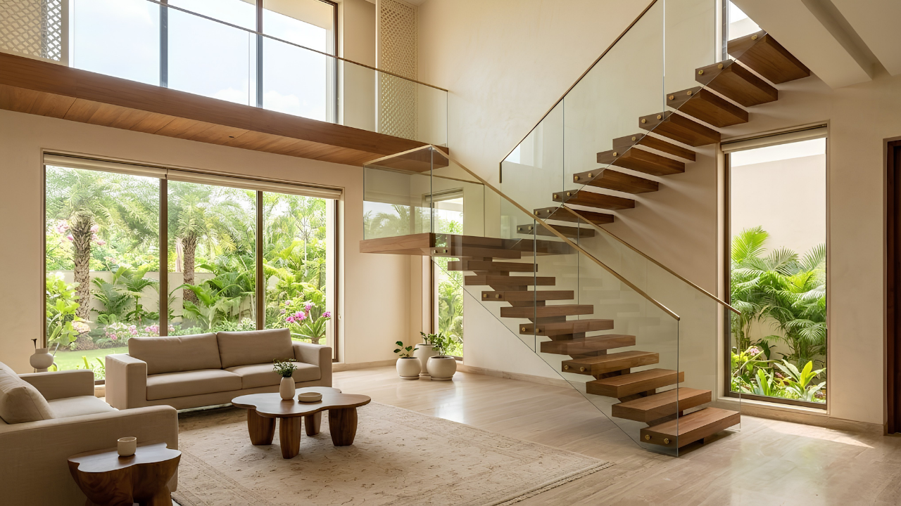 Floating staircase design in a double height Indian living room