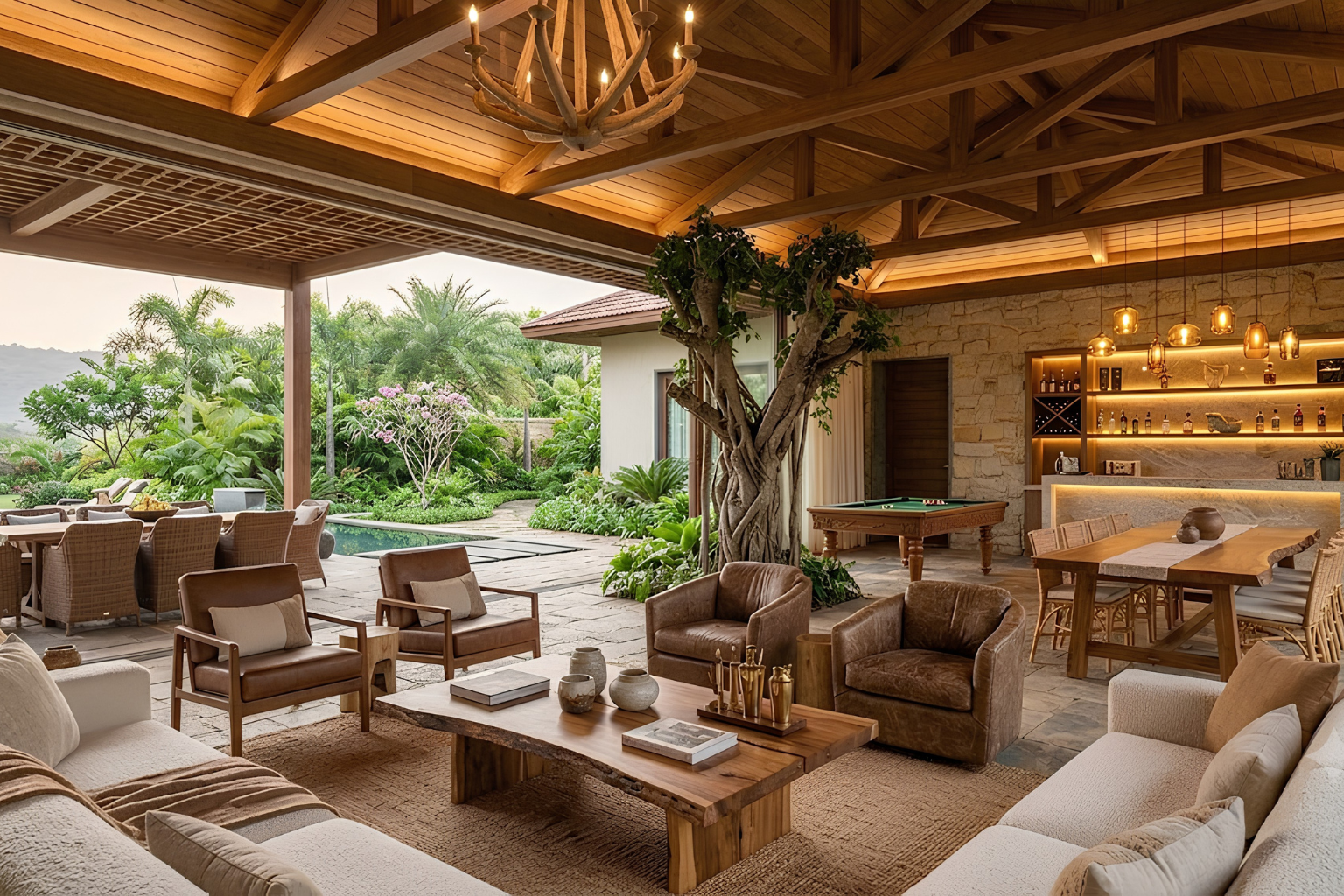 Expansive luxury farmhouse entertainment space in India