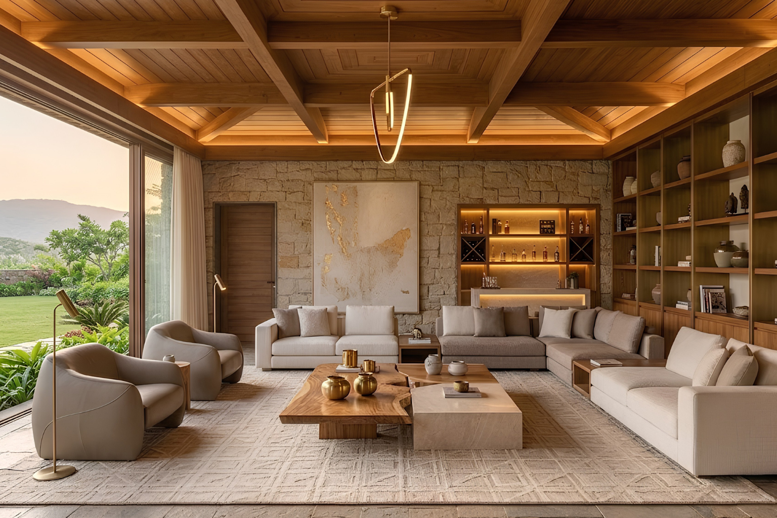 High end minimalist luxury farmhouse living room in India