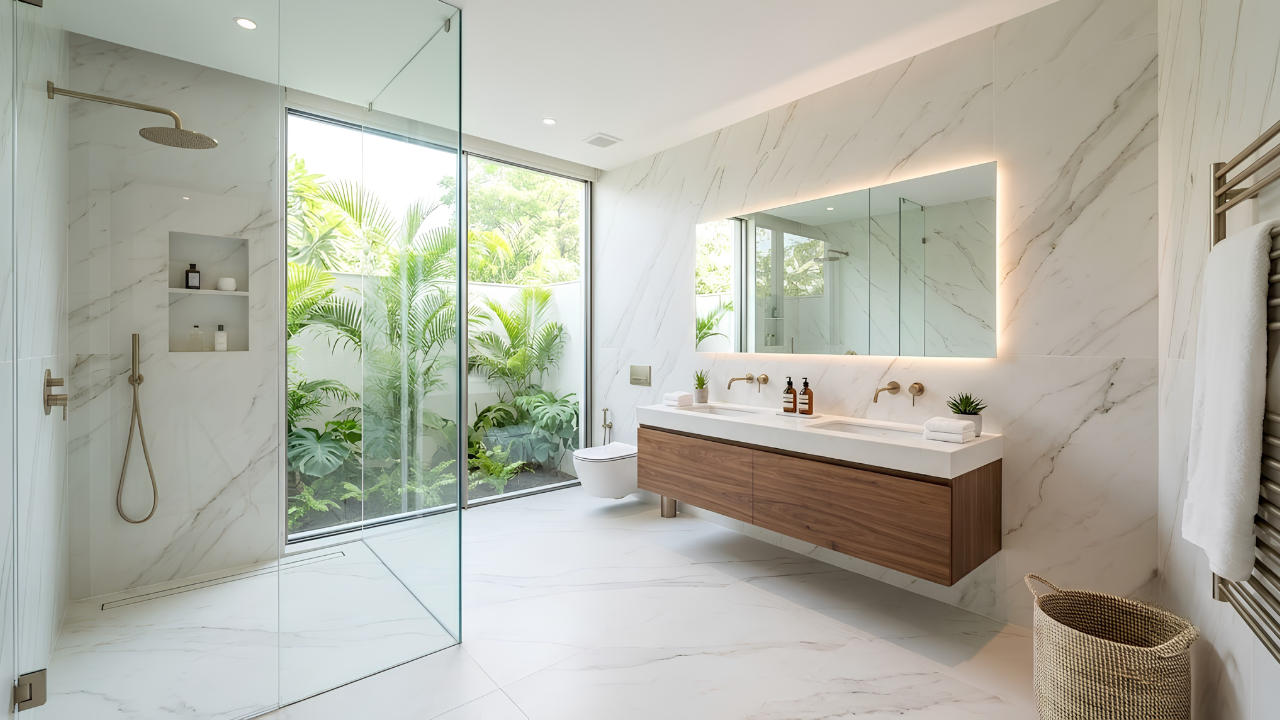 Large format tiles in a modern bathroom