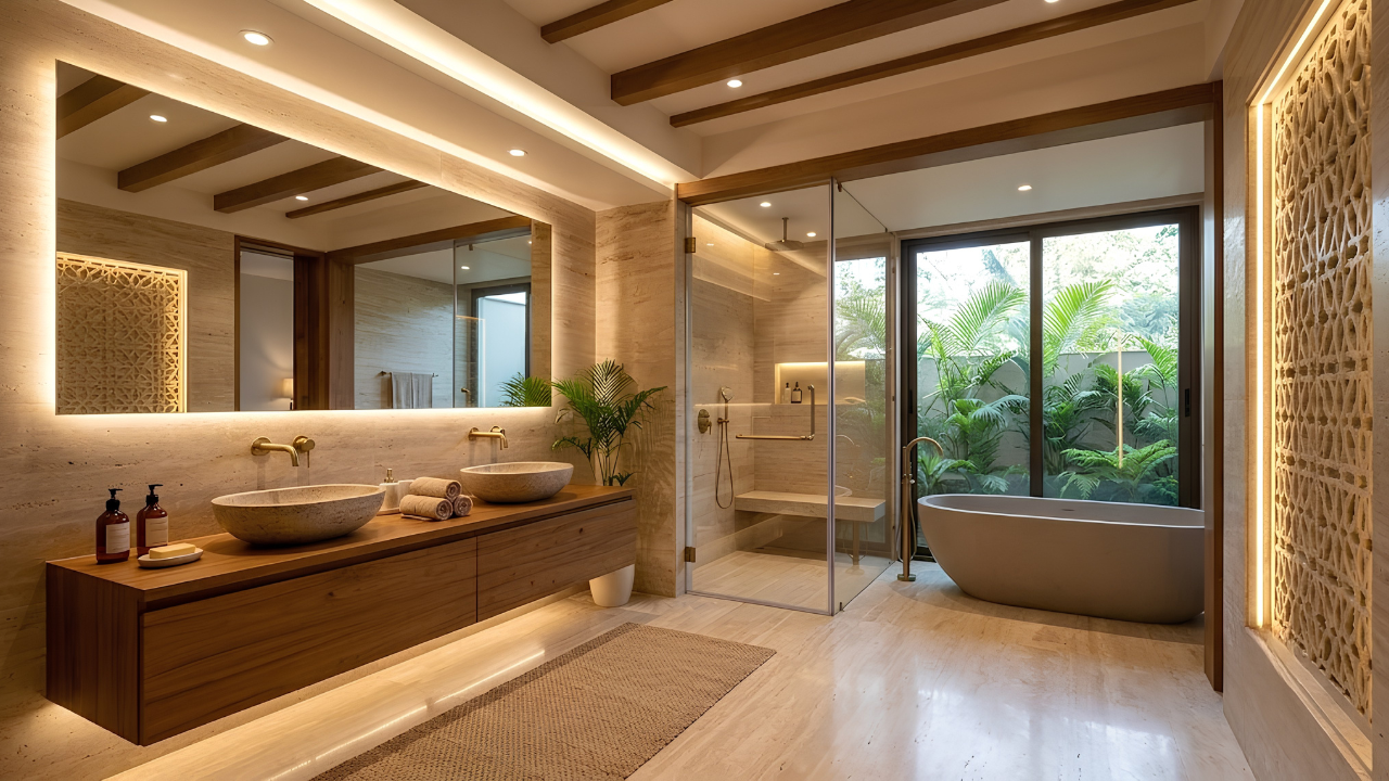 Layered lighting design in a bathroom