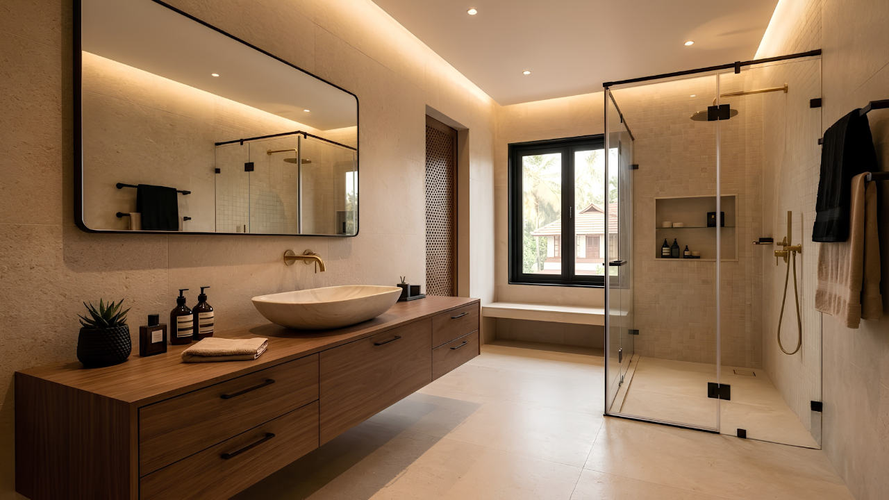 Matte finishes and brushed metal fixtures in a bathroom