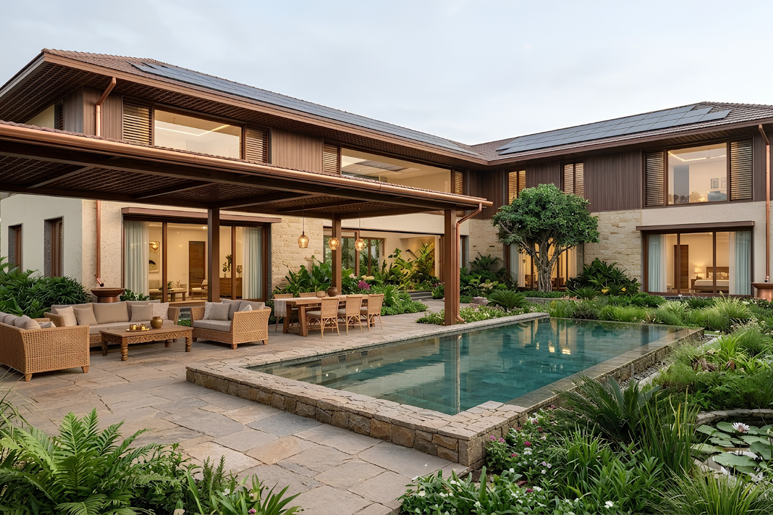 Modern sustainable luxury farmhouse in India