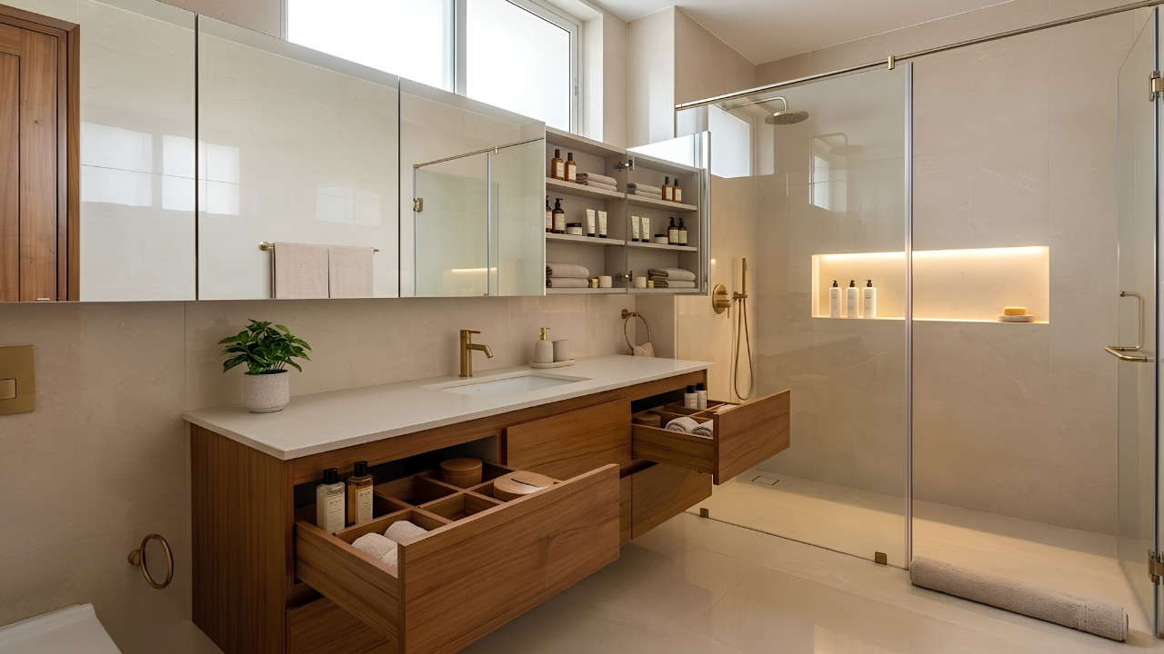Smart concealed storage solutions in a compact bathroom