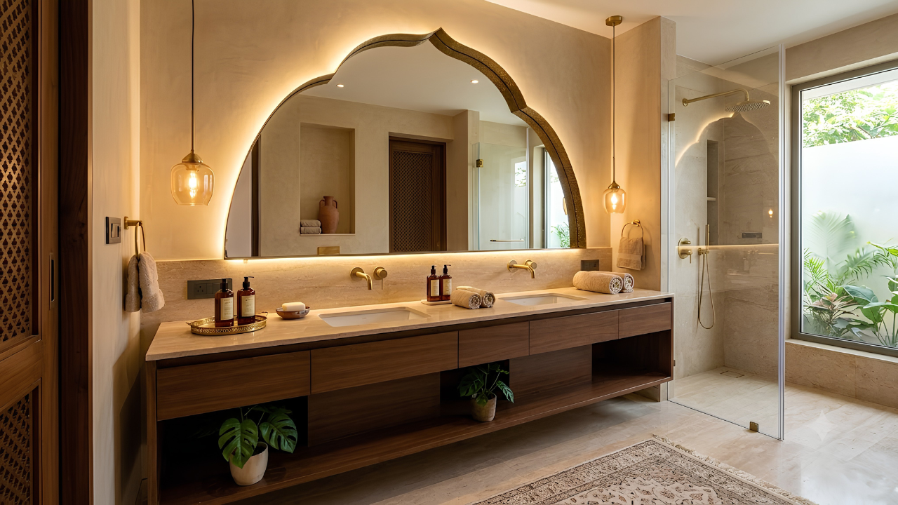 Statement backlit mirror in a bathroom