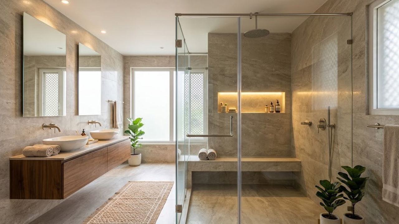 Walk in shower with frameless glass partition
