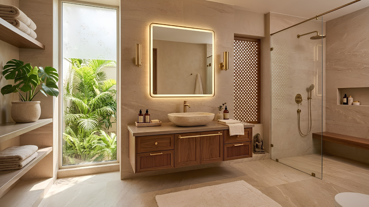 Warm neutral bathroom interior in an Indian home