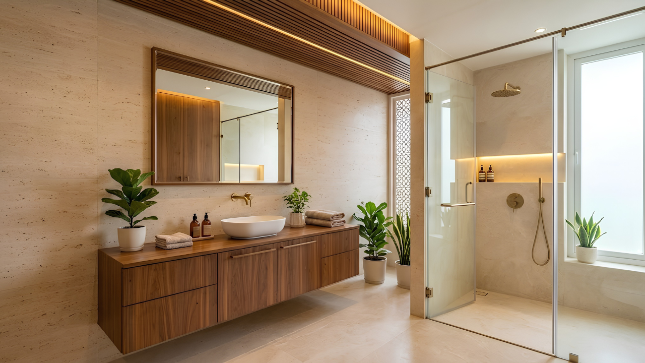 Wood accents in a warm bathroom design