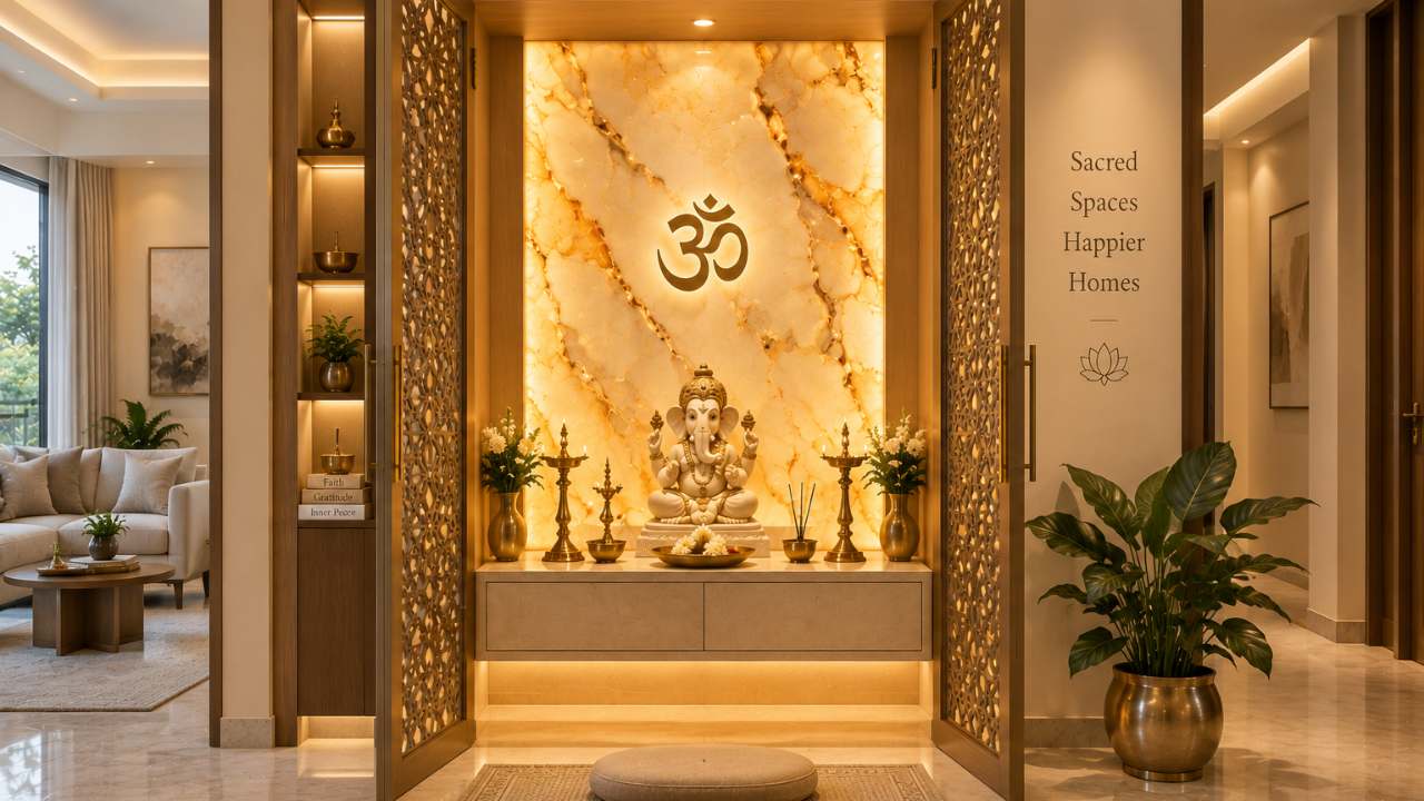 Backlit onyx pooja room design with glowing translucent stone panel