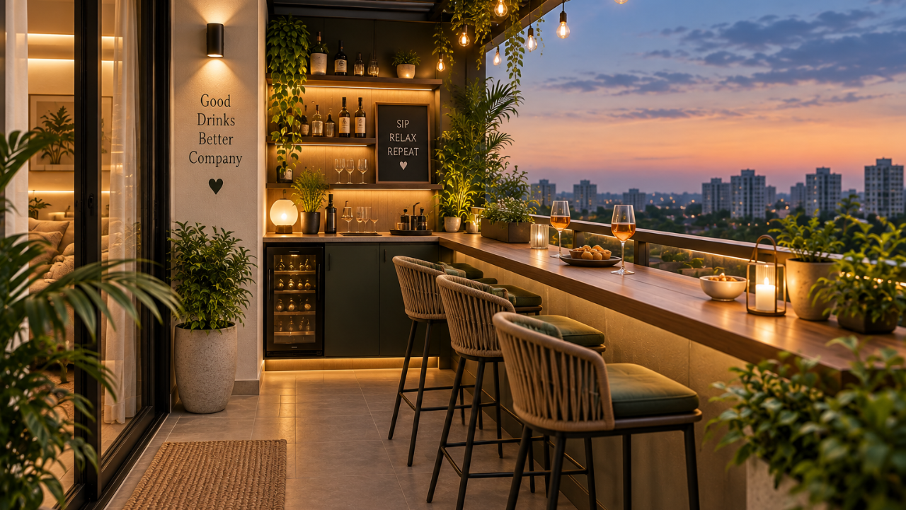 Balcony bar design with counter along the parapet and high stools