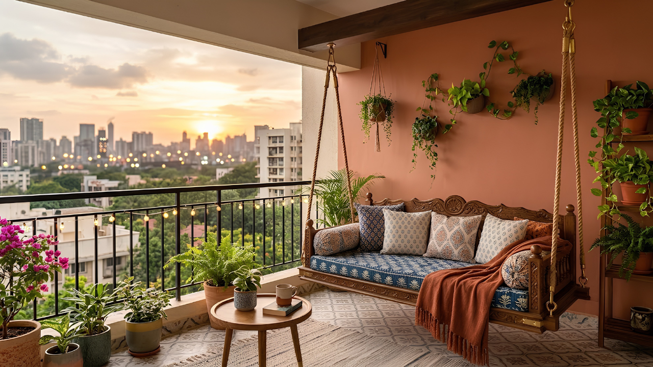 Balcony design with hanging jhula swing seat and low side table