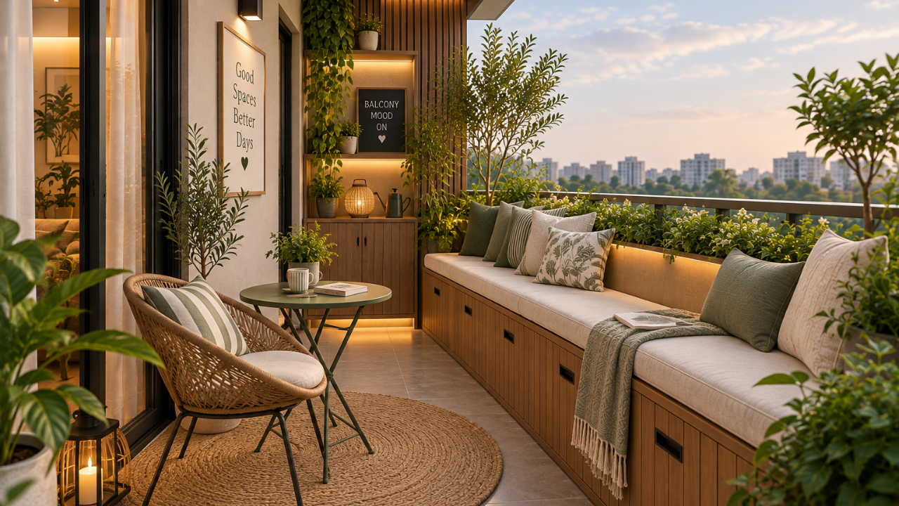 Balcony design with built in bench seating and weatherproof storage underneath
