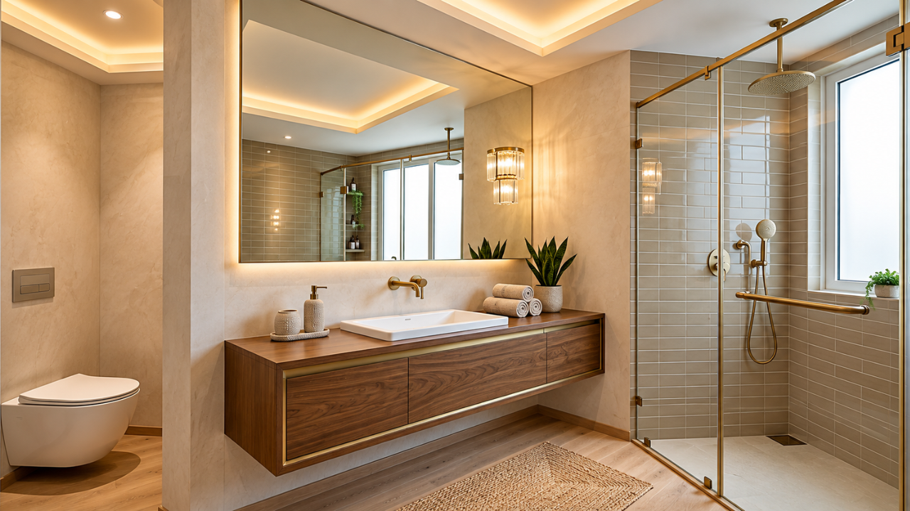Large modern mirror wall above a vanity in a bathroom