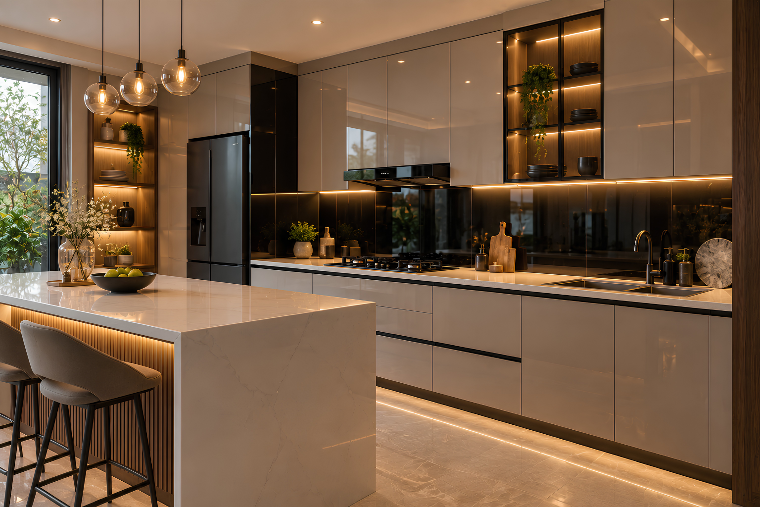 Black lacquered glass backsplash in a modern Indian kitchen