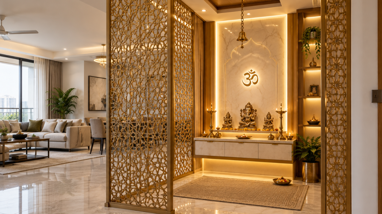 Brass jaali partition pooja room design separating mandir from living area