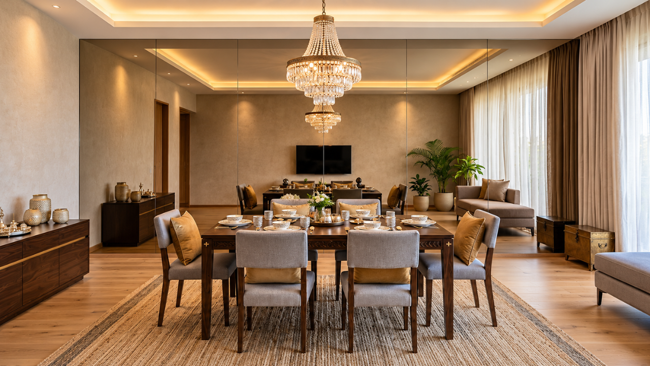 Bronze tinted modern mirror wall in a dining area