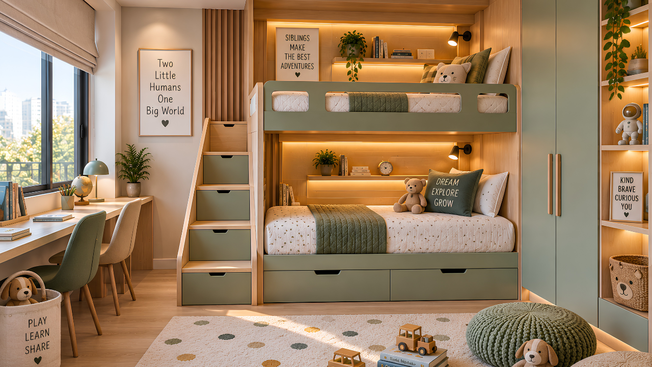 Bunk bed shared kids bedroom design with individual lighting and storage steps