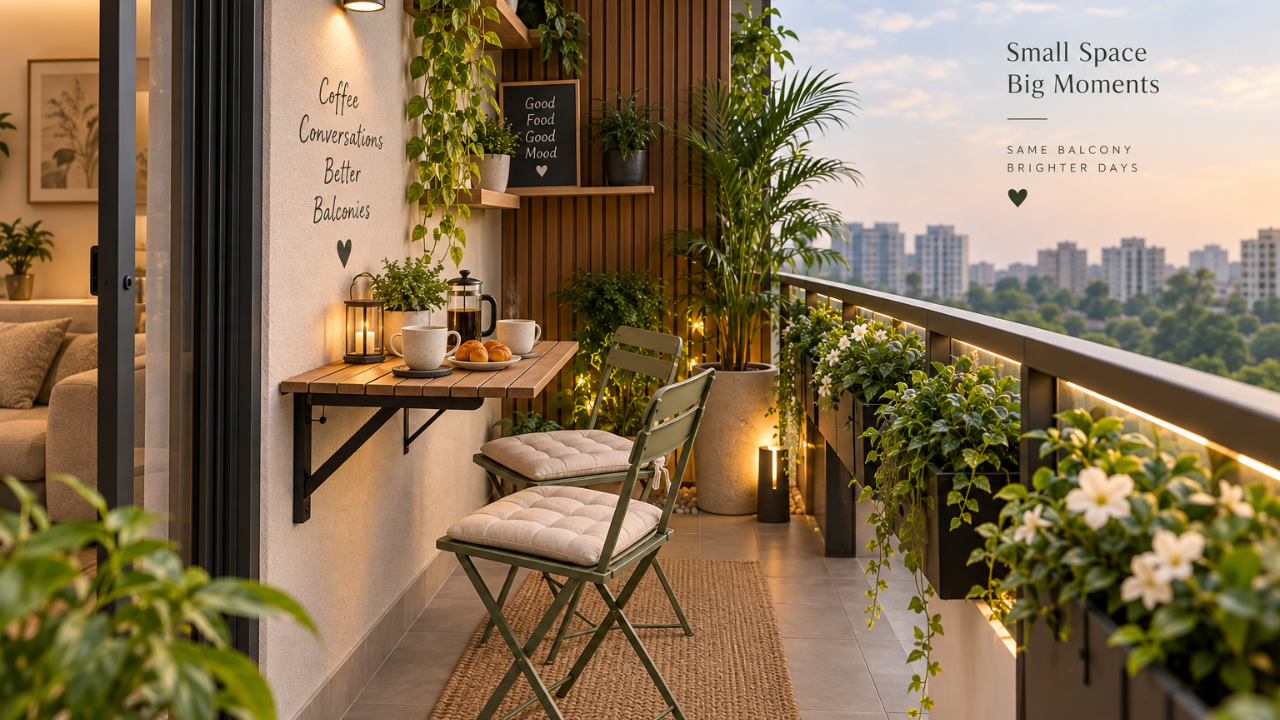 Compact cafe style balcony design with bistro table and two folding chairs