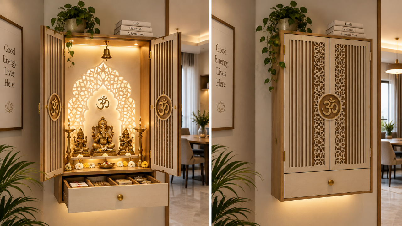 Compact wall mounted mandir design for small apartment with pull out drawer