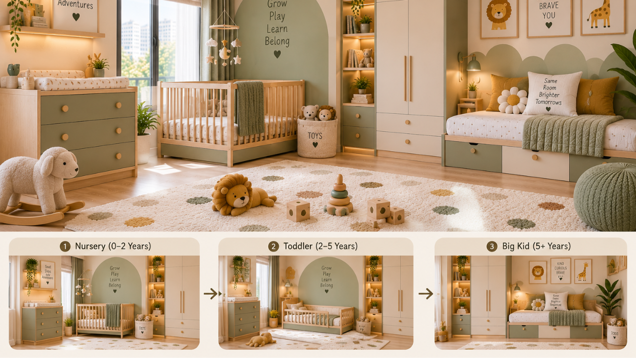 Convertible nursery design that adapts from cot to single bed as the child grows