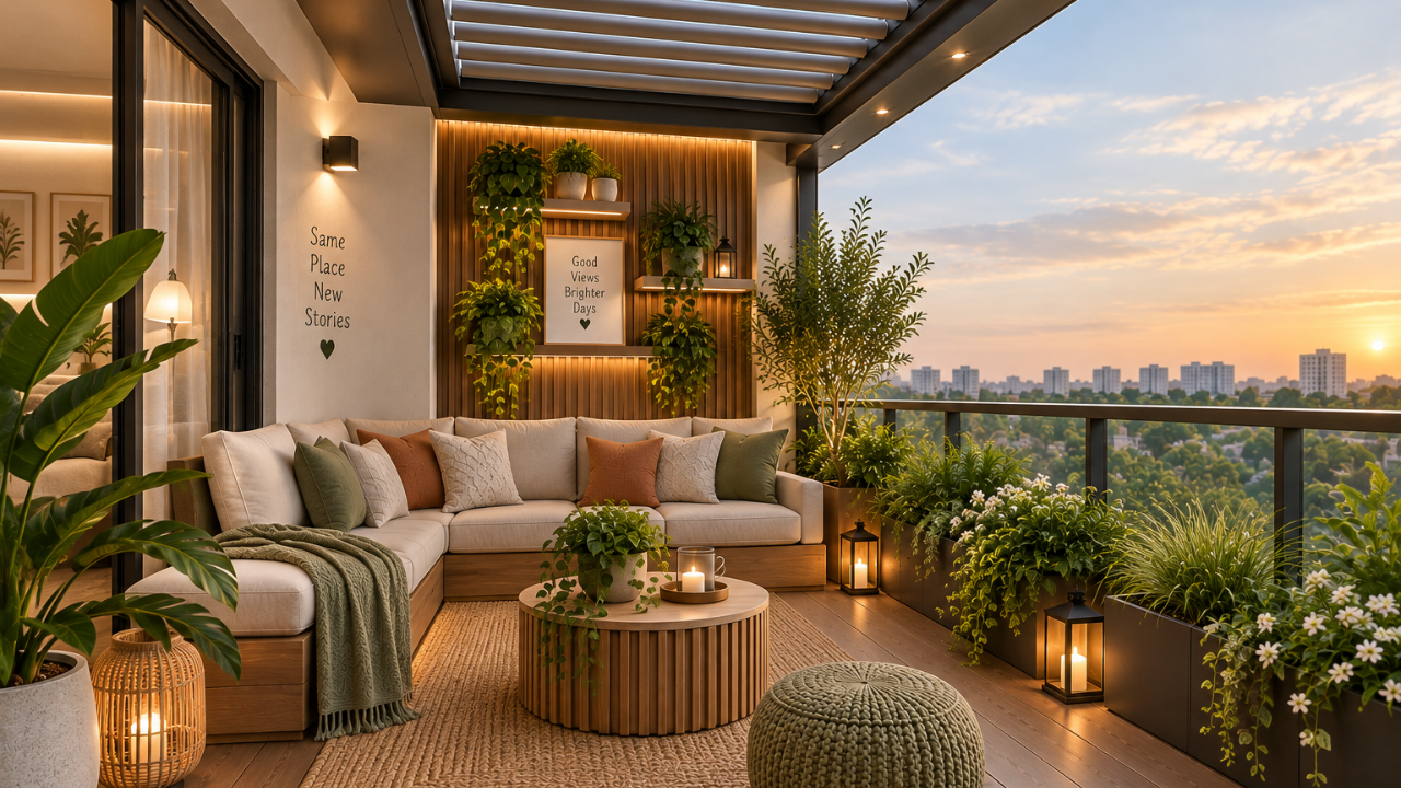 Covered balcony lounge design with retractable awning and low seating