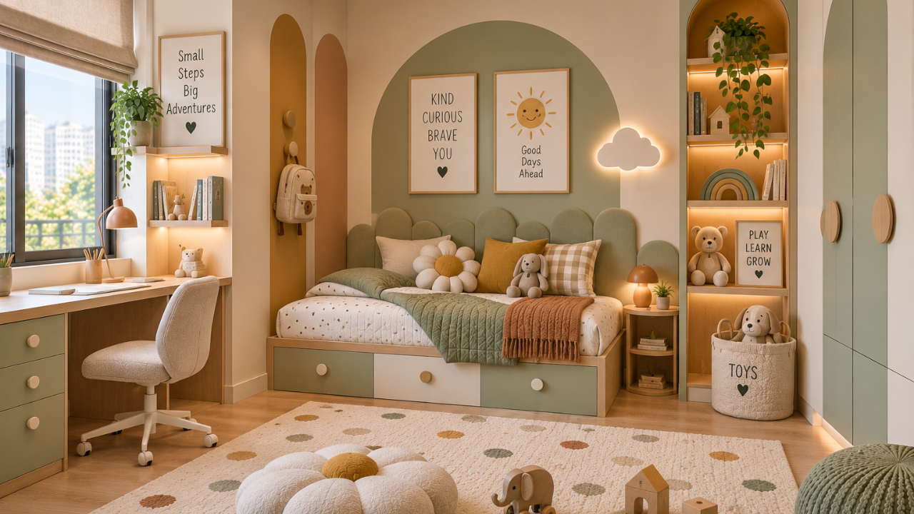 Gender neutral pastel kids room design in sage and warm cream tones