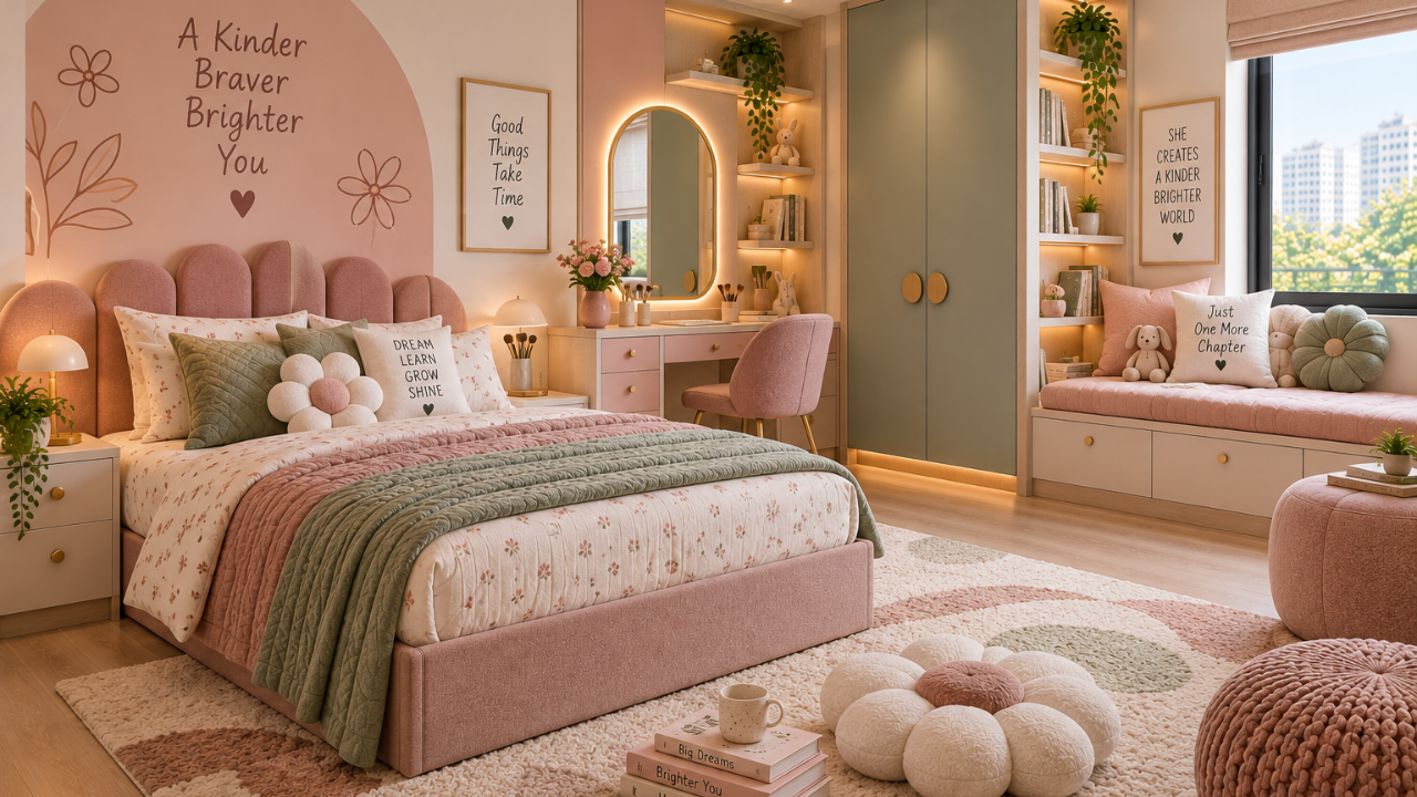 Girls bedroom design with compact vanity and window seat reading nook