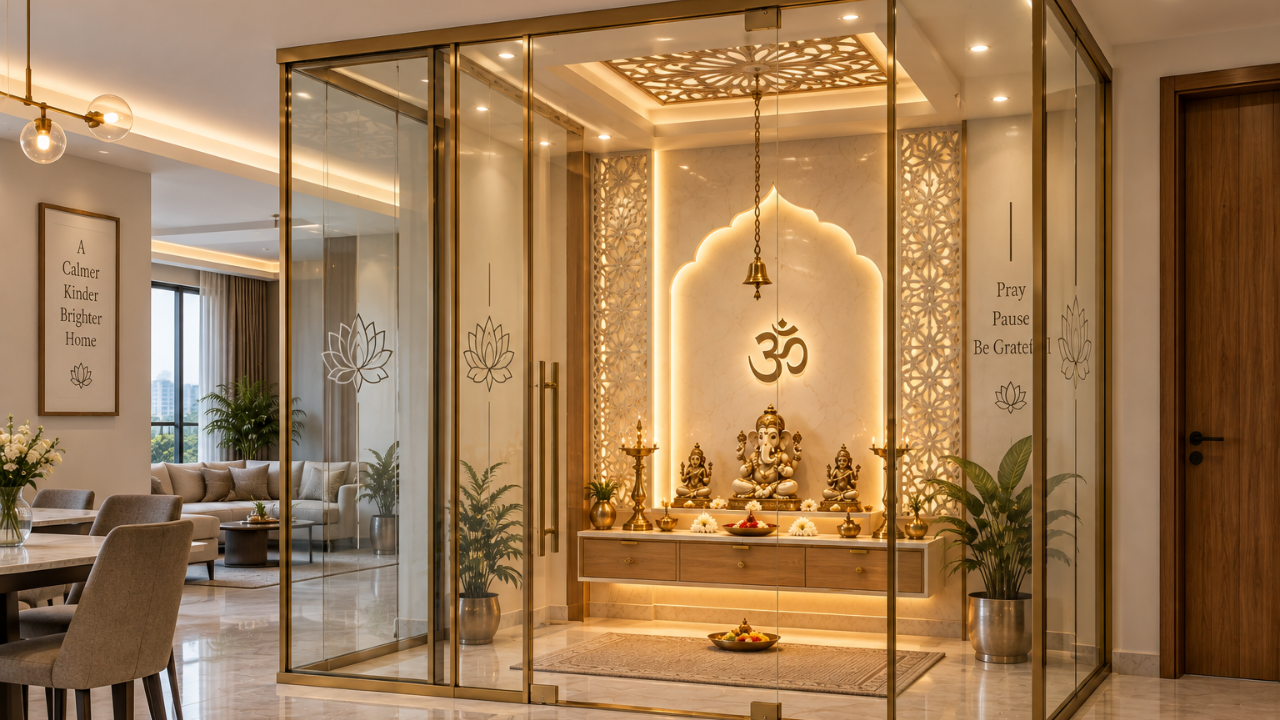 Glass enclosed pooja room design with slim metal framing and etched panels