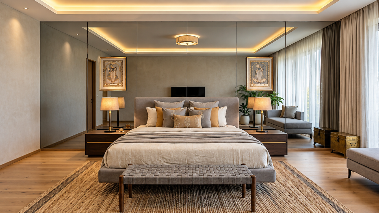 Grey tinted modern mirror wall behind the bed in a bedroom