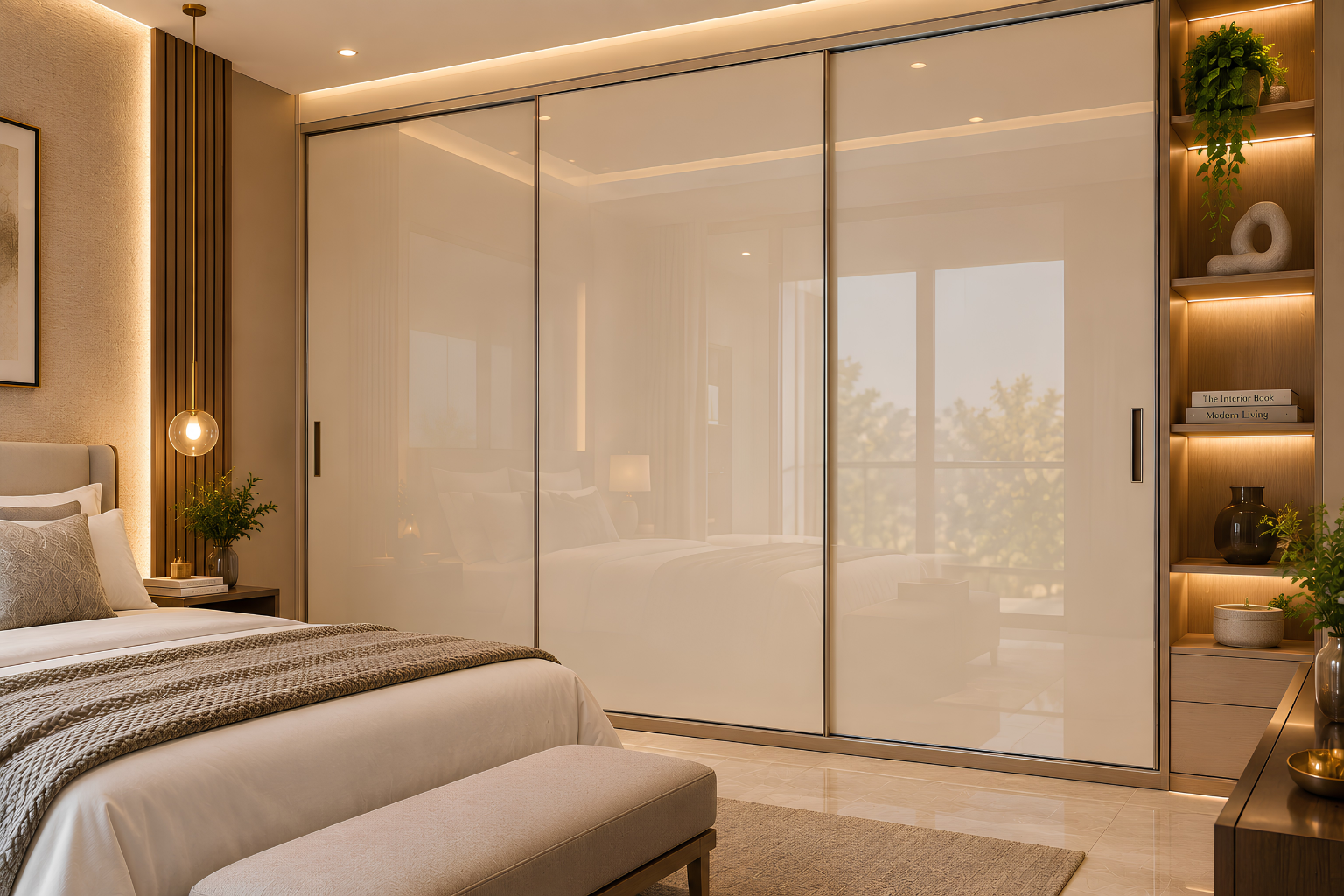 Ivory lacquered glass wardrobe shutters in an Indian bedroom