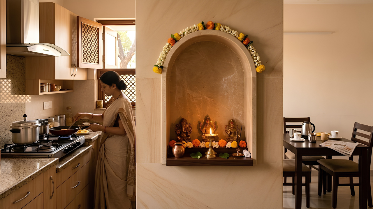 Kitchen adjacent pooja niche design recessed into dining wall with stone finish