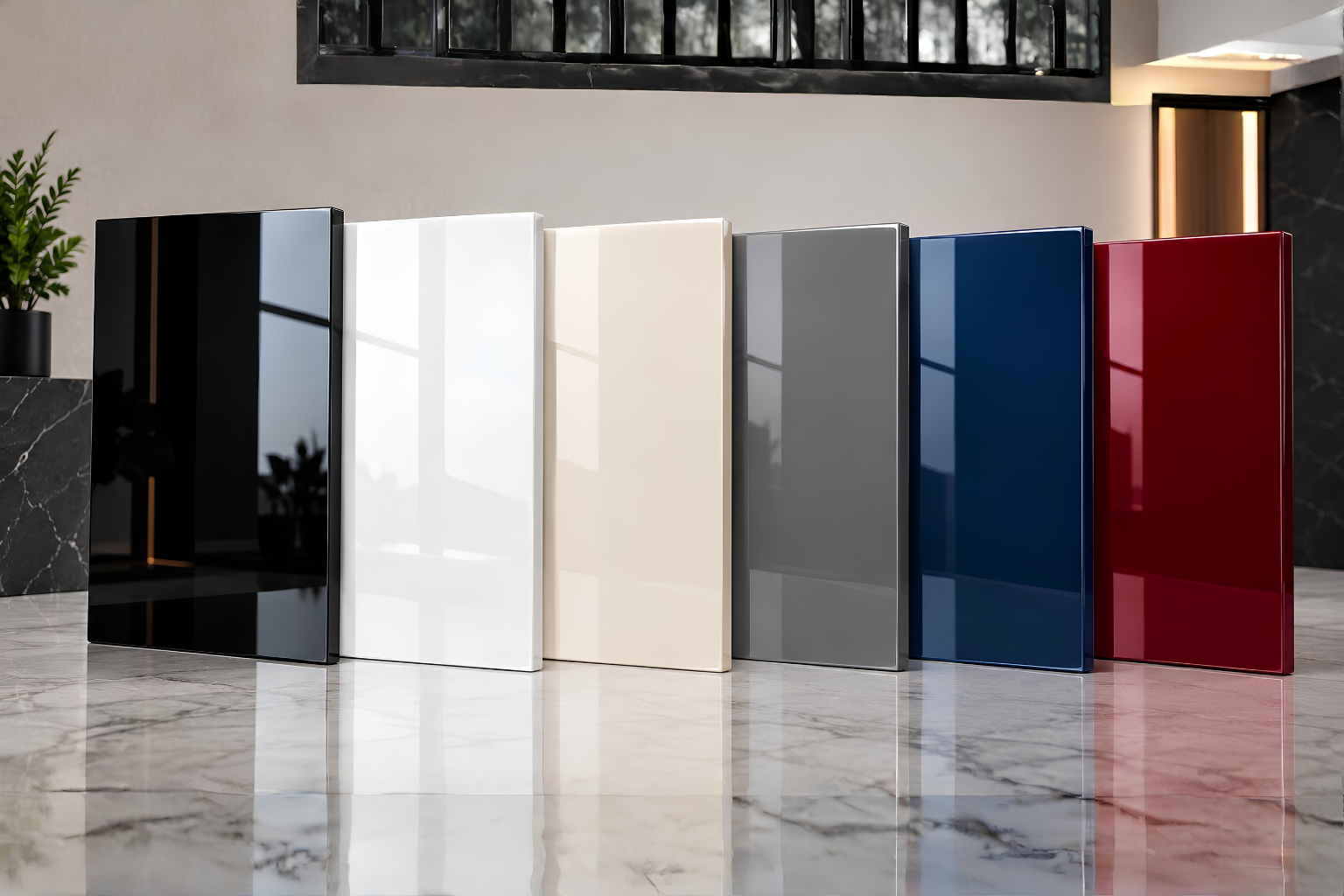 Lacquered glass colour options in black, white, ivory, grey, blue and red