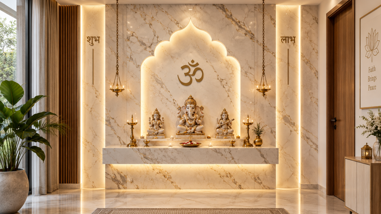 Marble temple wall pooja room design with floating stone platform and cove lighting