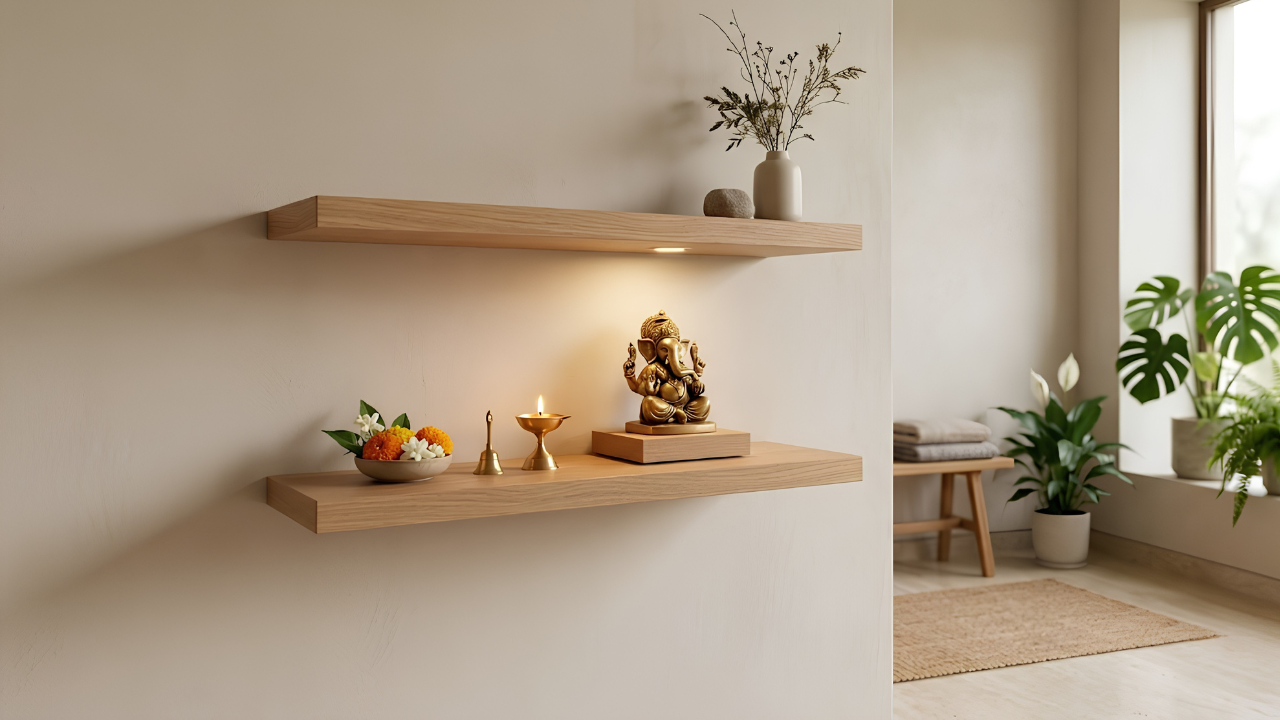 Minimalist modern pooja unit design with floating oak shelves and stone base