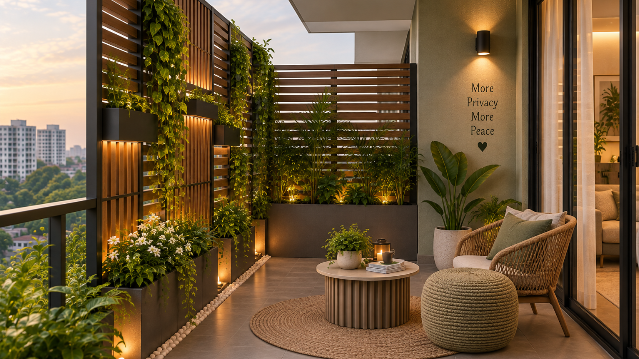 Balcony design with louvred privacy screen and planter integration