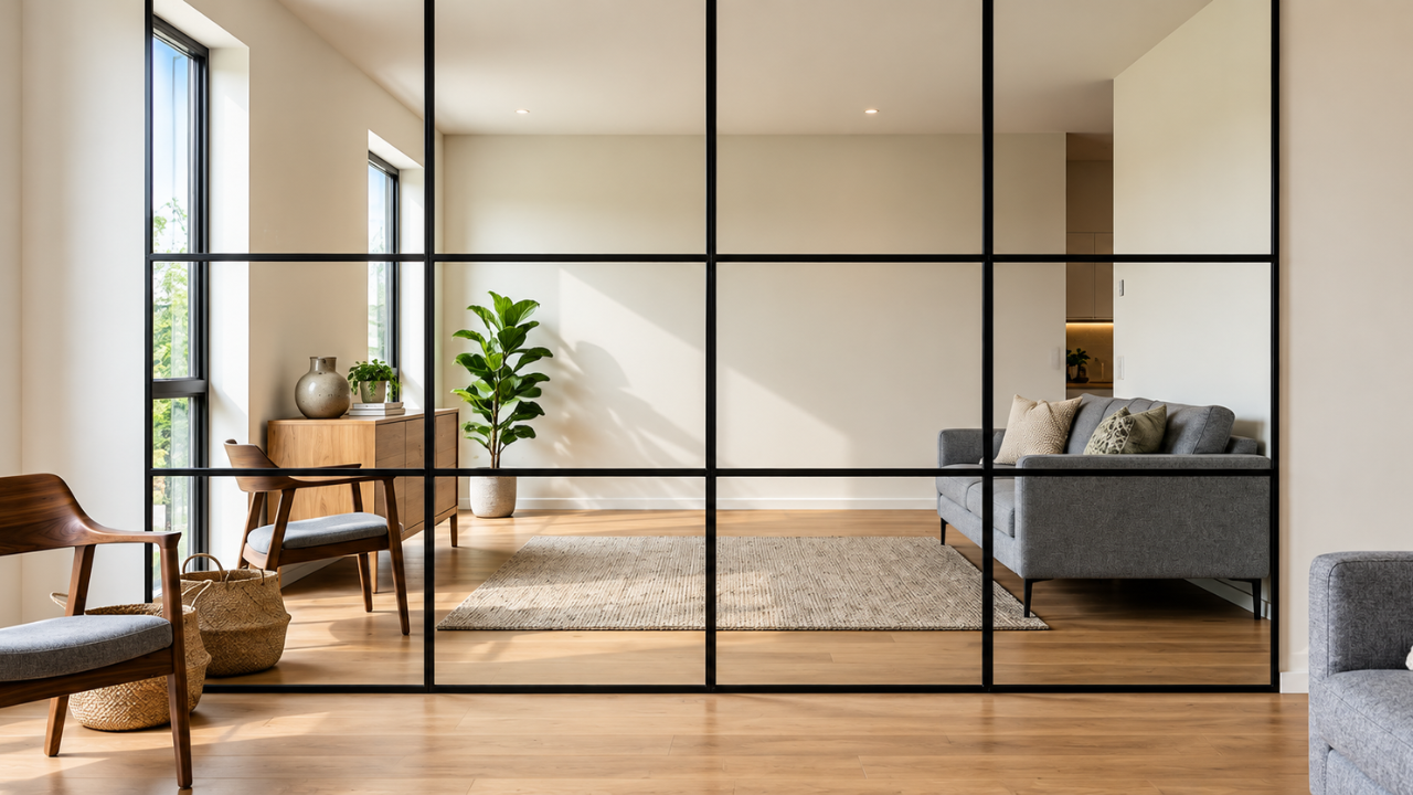 Rectangular modern mirror wall panels with thin black frames