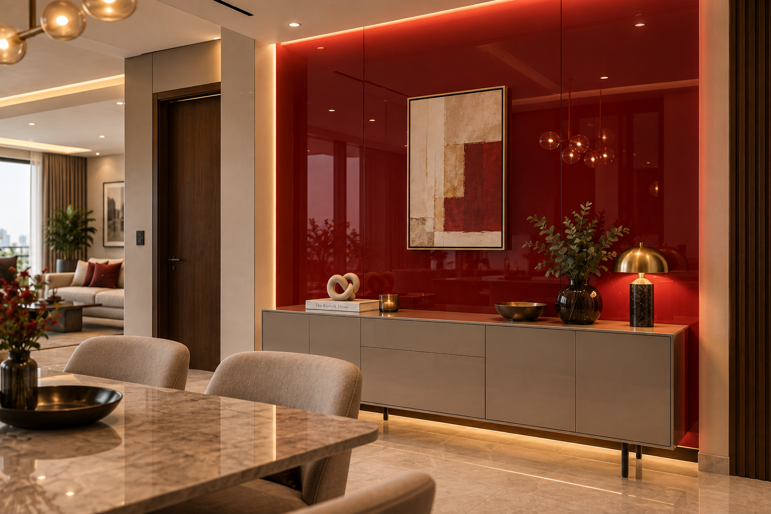Red lacquered glass accent panel in a modern Indian interior