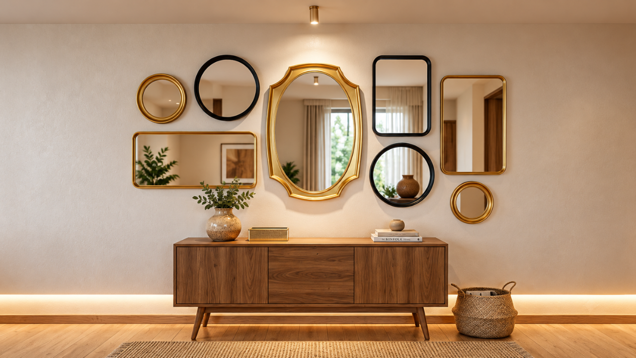 Round, oval and rectangular framed mirror cluster on a wall
